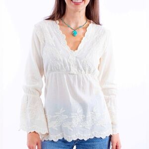 SCULLY || Embroidered Bell Sleeve Plunging Blouse in Ivory White - SZ Small